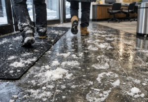 A commercial building entrance with floor mats collecting winter ice melt and mud in Sioux Falls